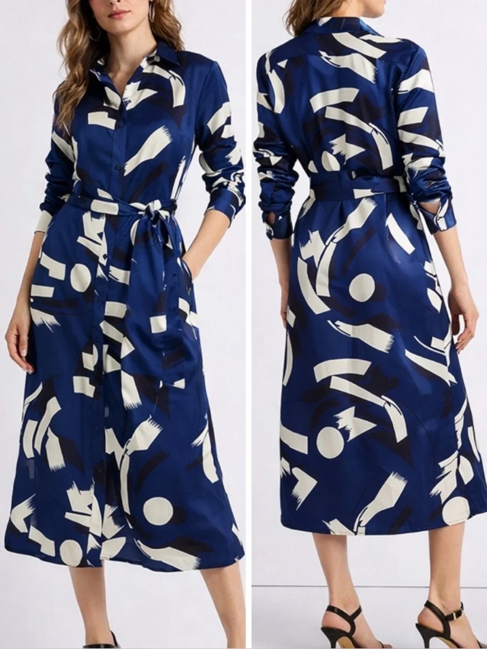 Lauren Ralph Lauren Blue Geometric-Print Satin Button Down Charmeuse Shirtdress - Picture 9 of 9